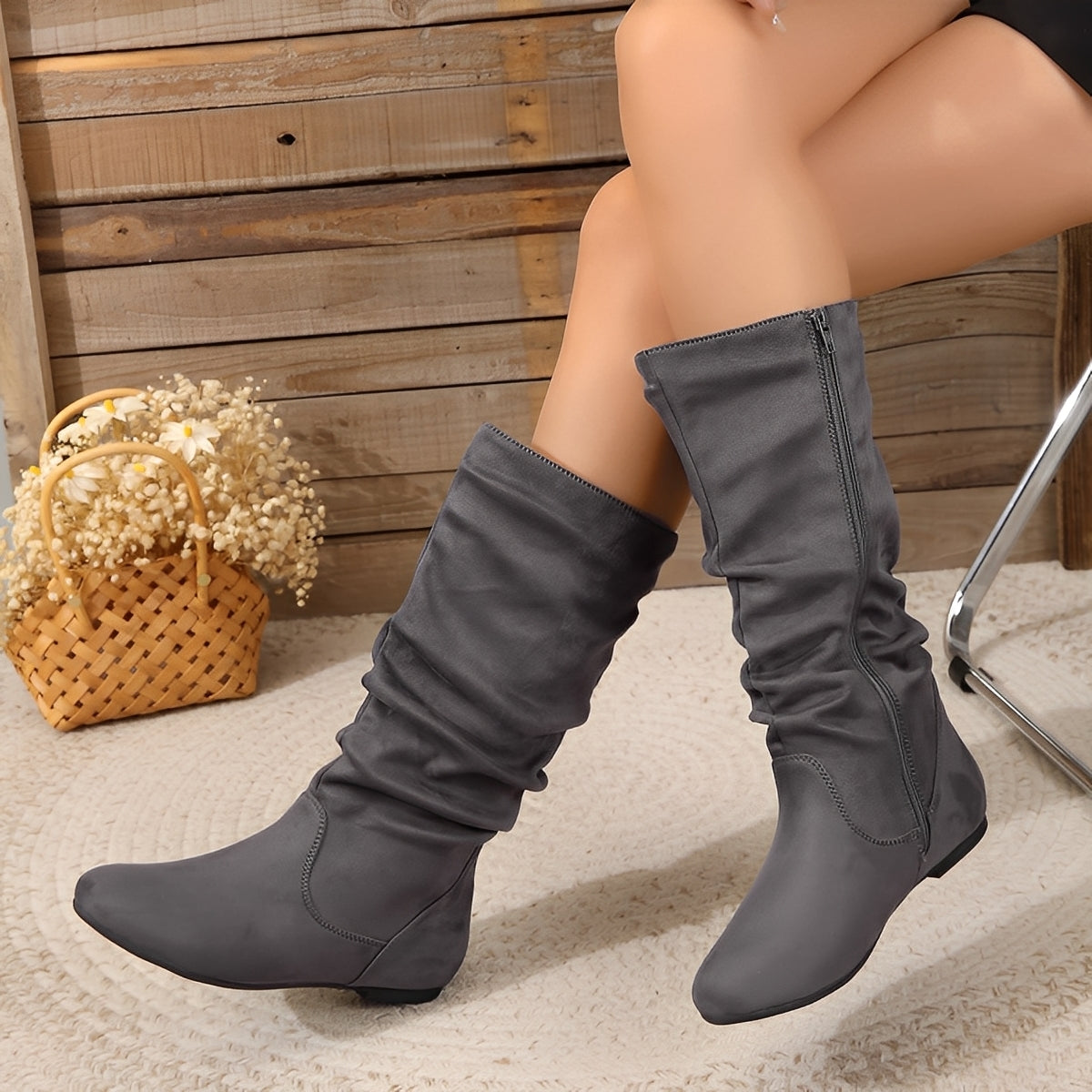 Bottes Femmes Plates Mi-Mollet Fermeture Éclair Haut de Gamme