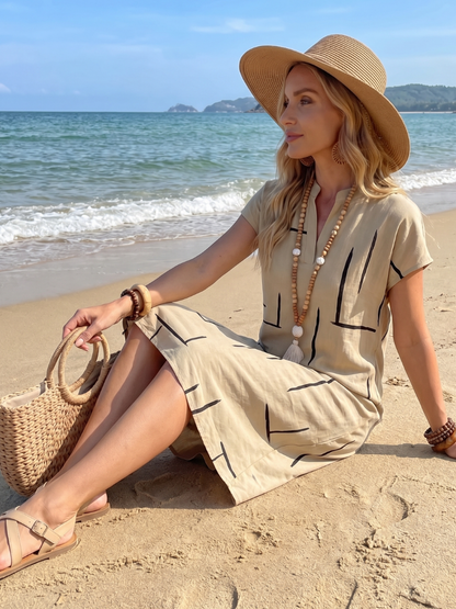 Robe Midi Femme Coton Lin Manches Courtes Coupe Décontractée