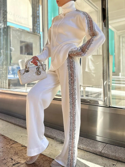 Robe Deux Pièces Blanc Paillettes Col Roulé - BerlinGlamour
