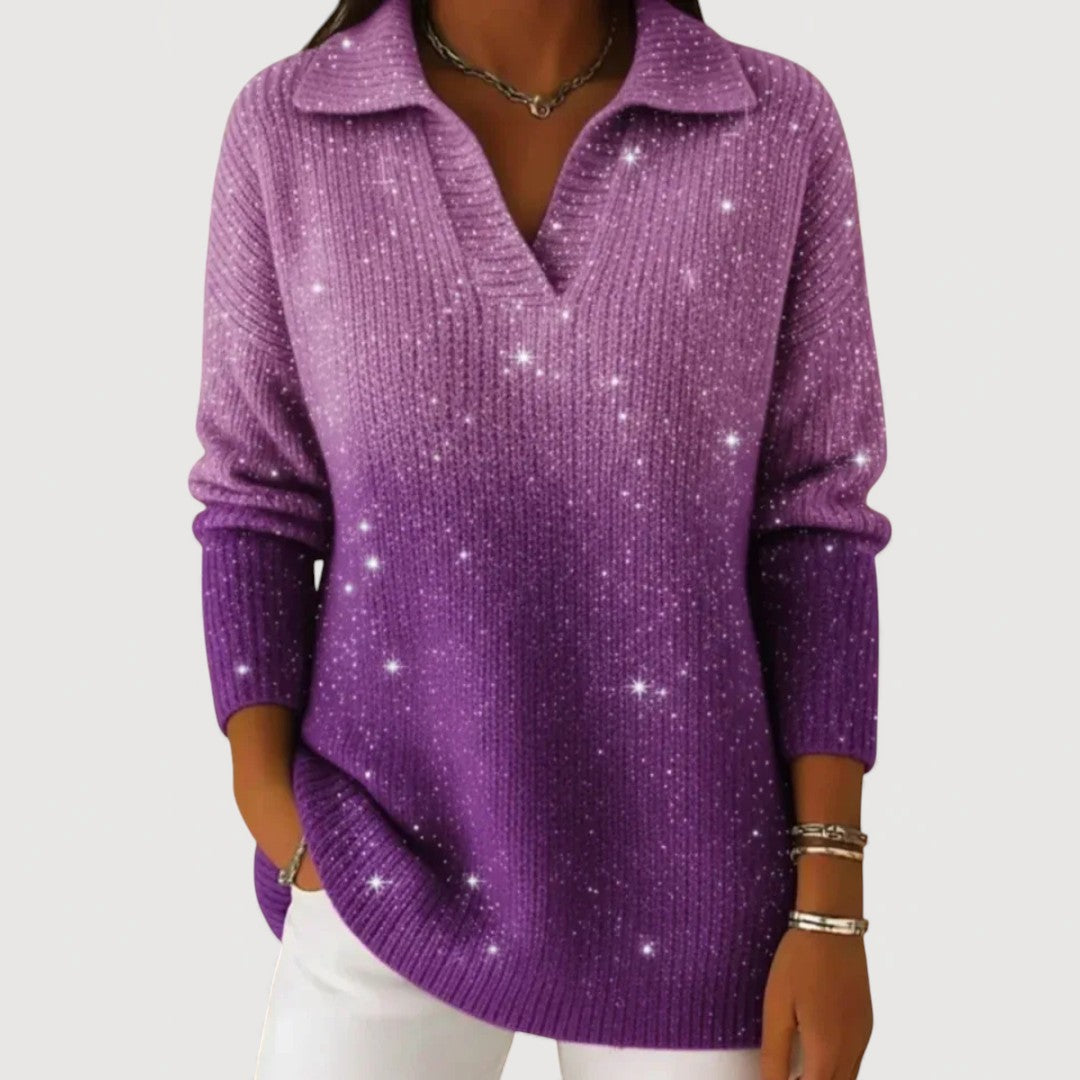Pull Femme Tricot Pailleté Col Polo Confortable
