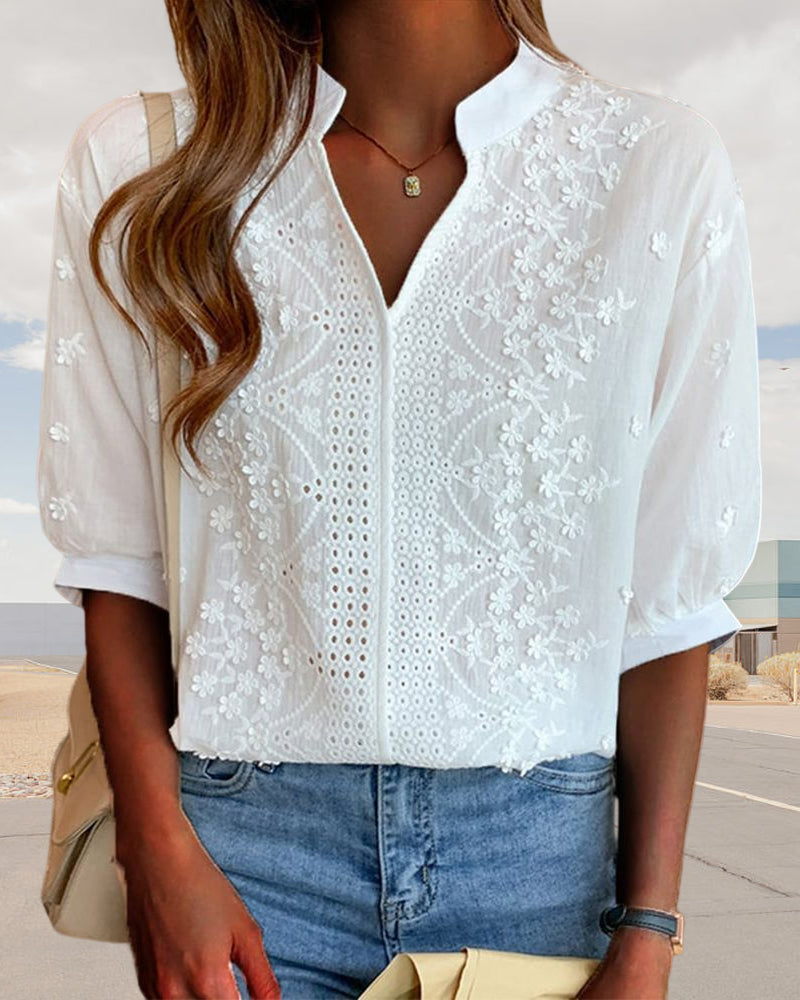 Blouse Femme Été Décolleté V Poches et Manches Bouffantes