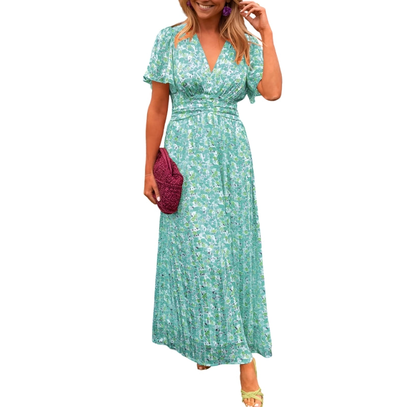 Robe Été Florale Manches Courtes Décolleté Plongeant