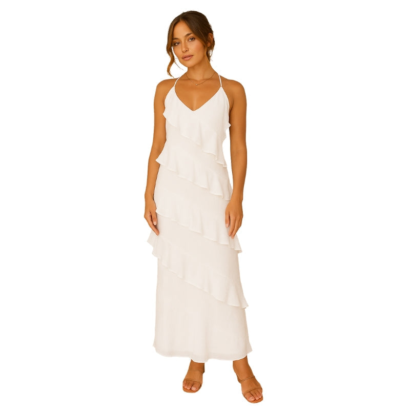 Robe Longue Élégante Col Rond avec Fermeture Arrière Réglable