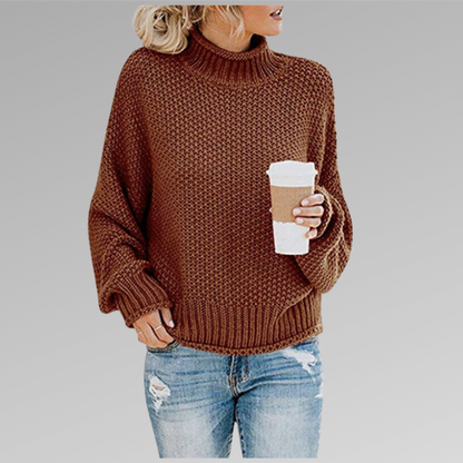 Pull Femme Tricot Orange Col Roulé Chaud