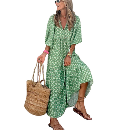 Robe Été Longue à Manches Courtes imprimé Floral