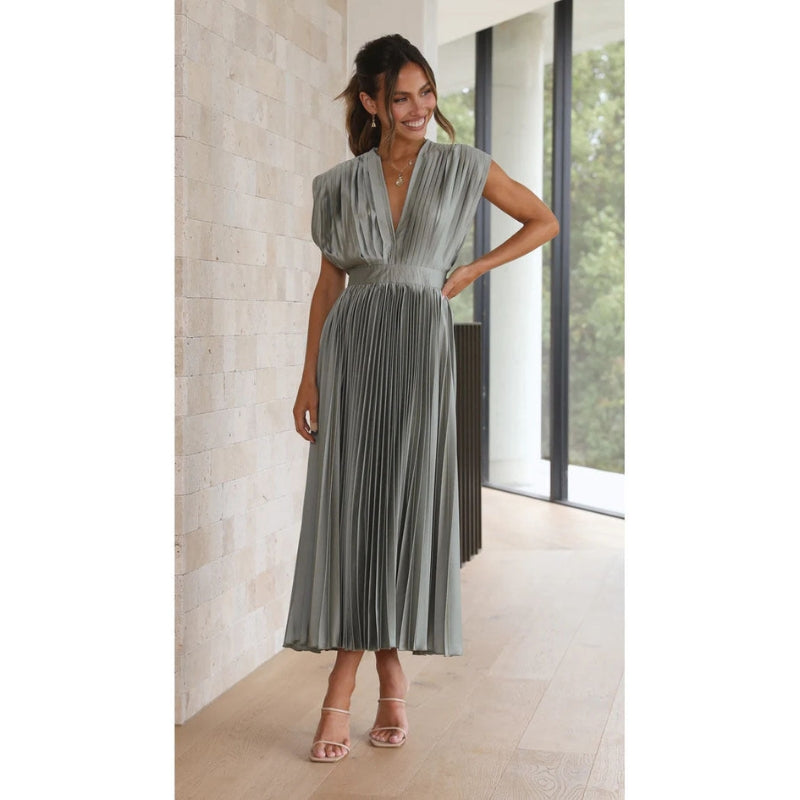 Robe Plissée Midi Élégante avec Décolleté Profond