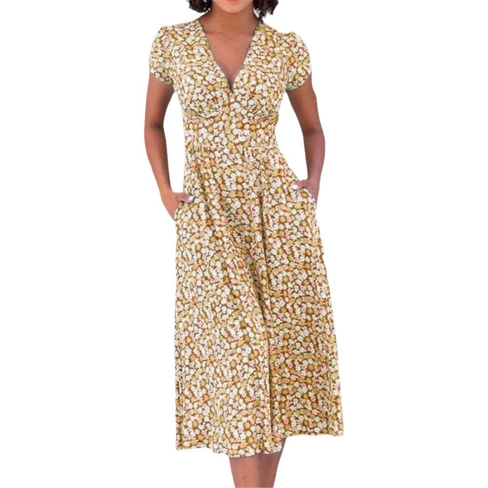 Robe Été Florale avec Poches et Col en V