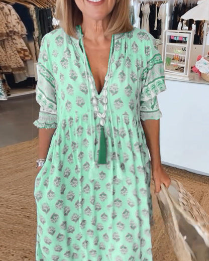 Robe midi Femme Fluide Imprimée Col en V Manches Lanterne Ample