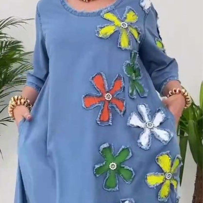Robe Femme Coupe Ample Col Rond Décontractée Imprimé Floral