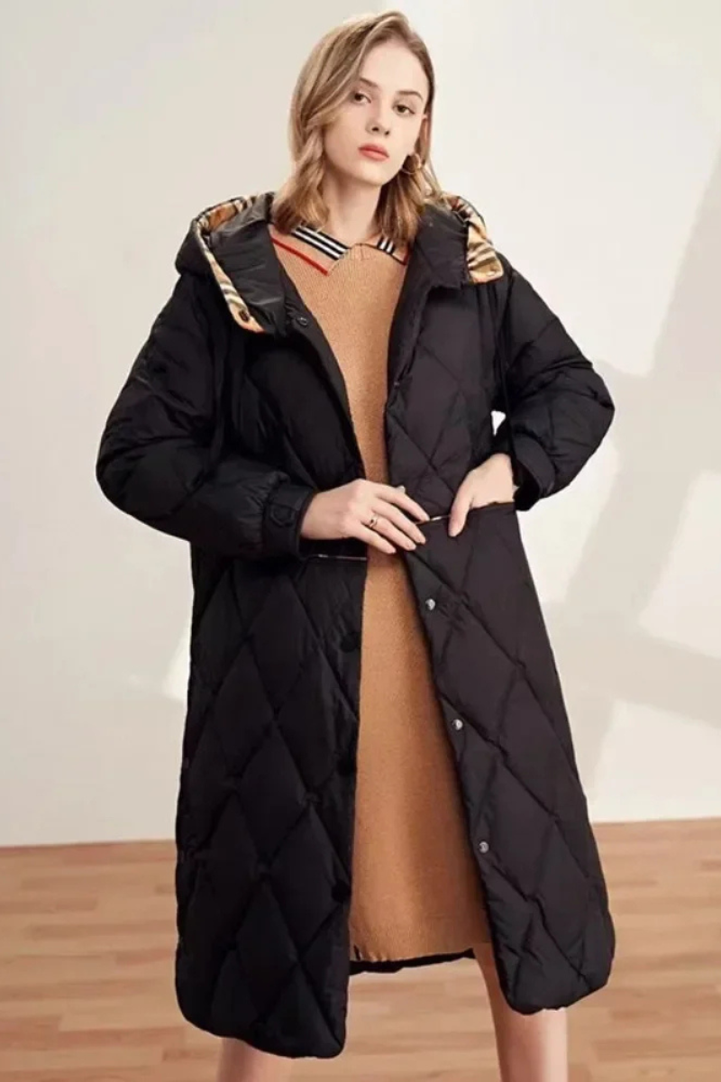 Manteau femme long à capuche avec doublure chauffante