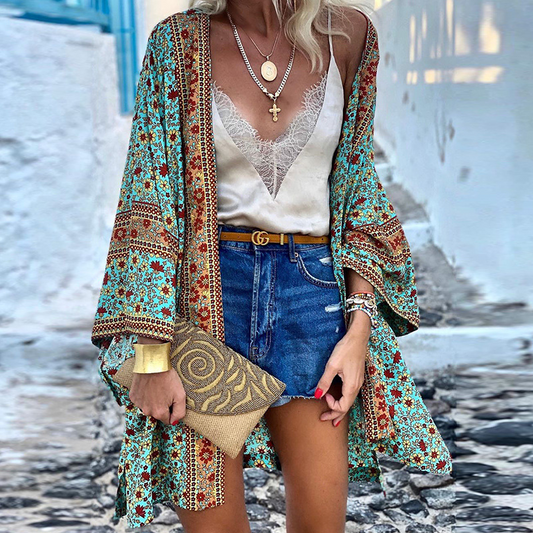 Kimono Femme Élégant Fleuri Manches Courtes - PanierRoyale