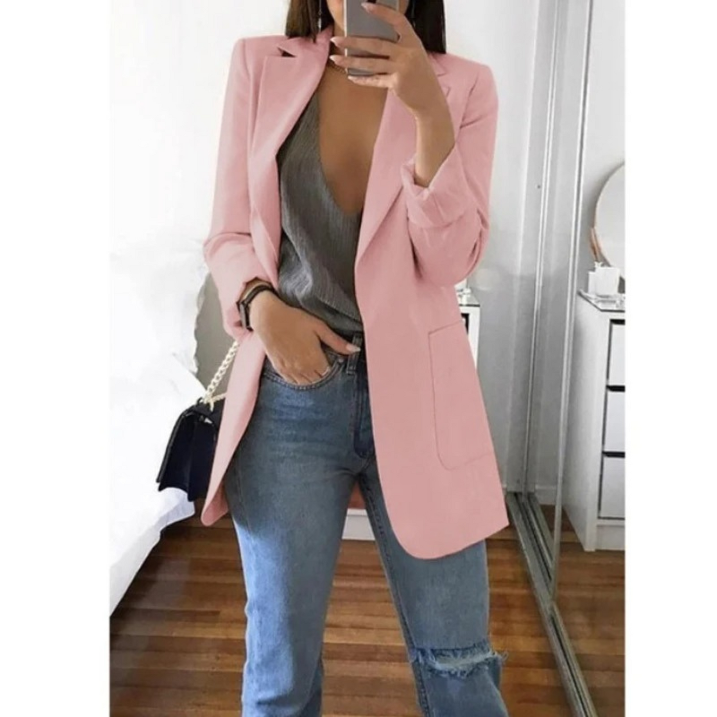 Veste Femelle Bleu Clair Détendue à Manches Longues