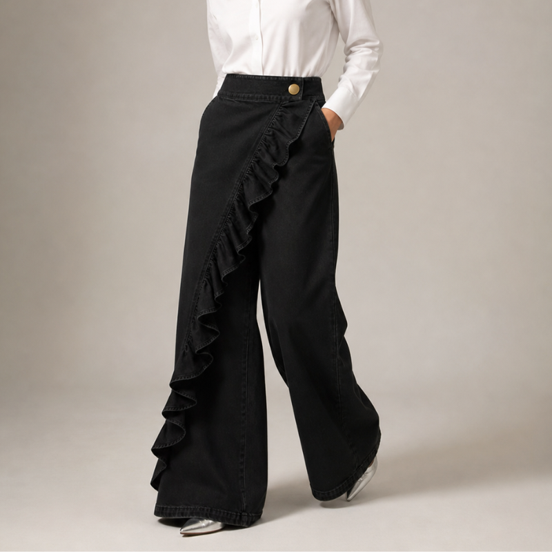Pantalon Large Femme Denim Volants Asymétriques