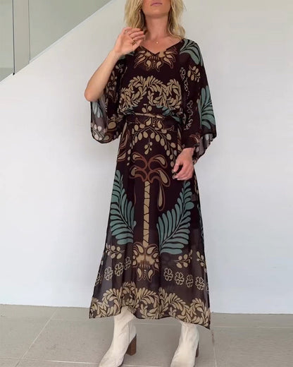 Robe Maxi Femme Imprimé Feuilles Col V Style Bohème