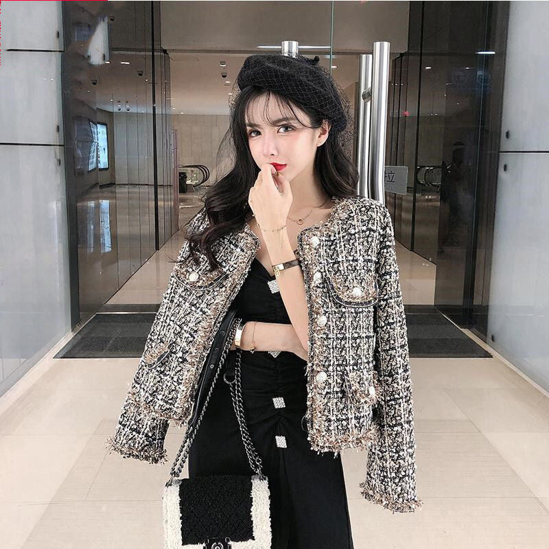 Veste Tweed Classique avec Boutons en Cuir