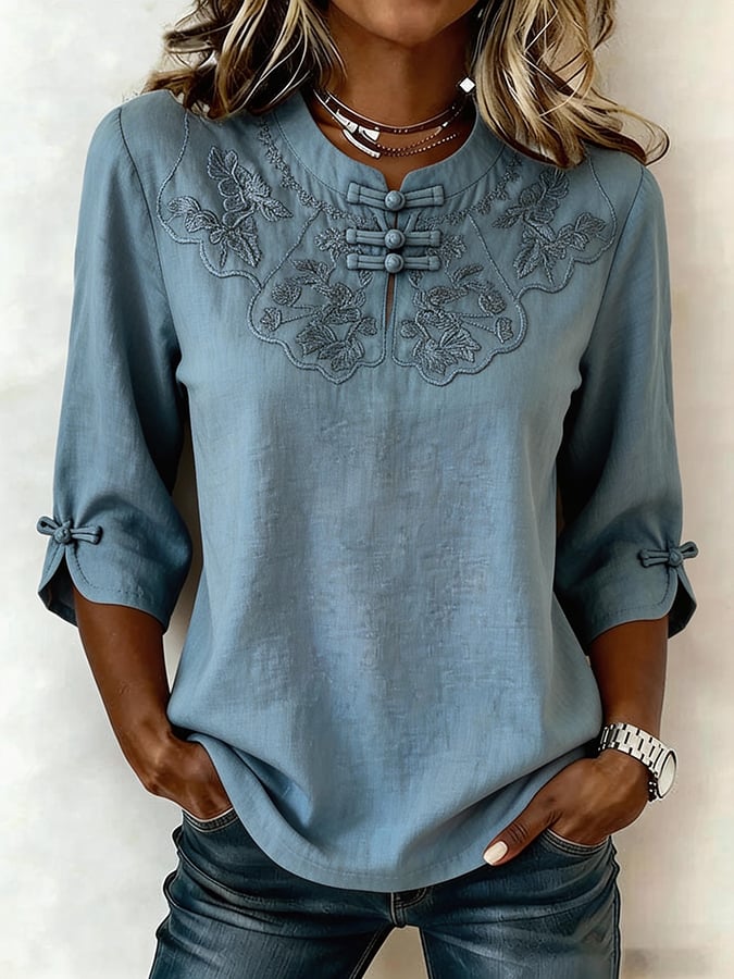 Femme Coton Lin Broderie Florale Col Rond Décontracté