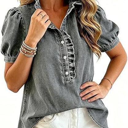 Haut Femme Denim Col Volanté Manches Bouffantes