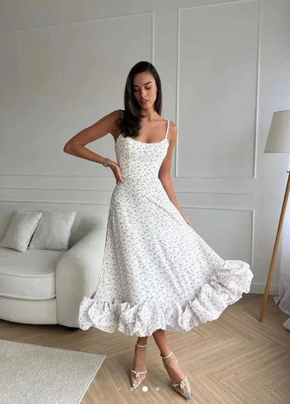 Robe Femme Élégante Midi avec Volants Doux et Féminine
