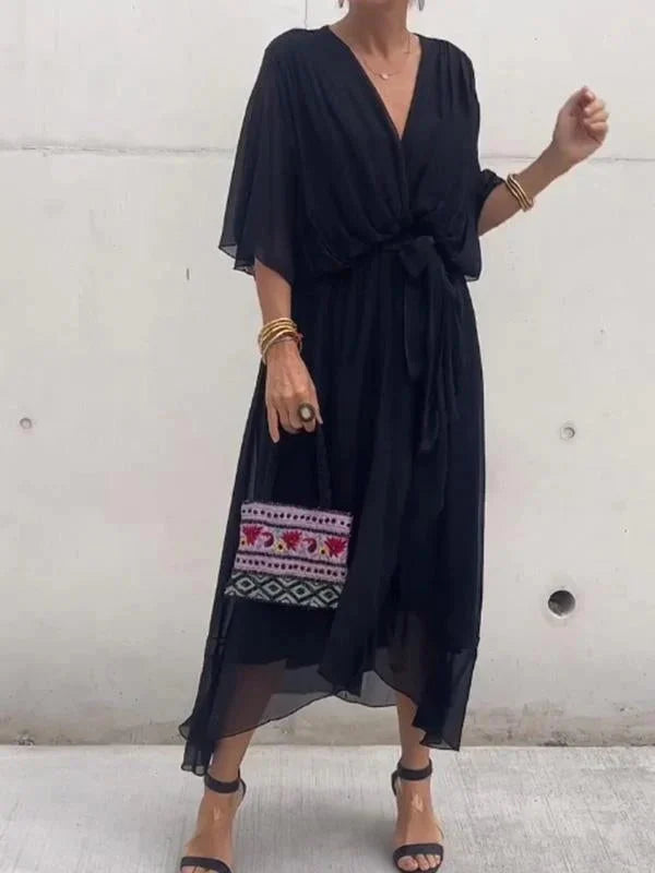 Robe Longue Femme Élégante en Soie Douce avec Encolure en V