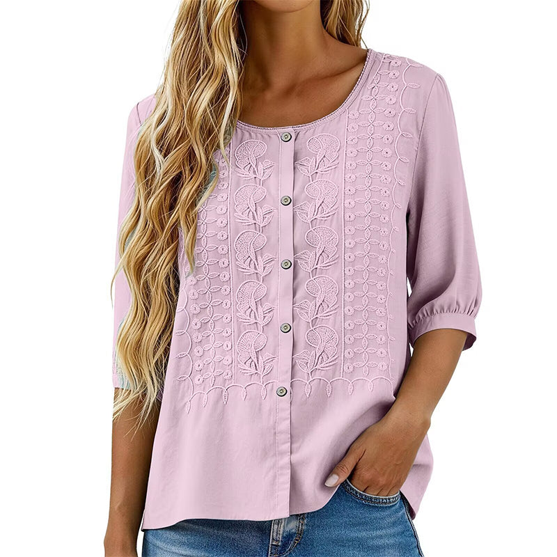 Blouse Femme Coton Lin Brodée Manches Longues