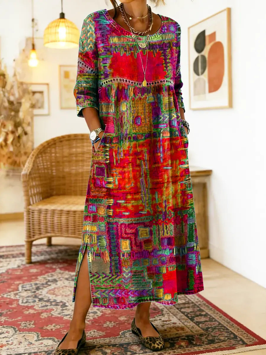 Robe Femme Denim Patchwork Ethnique Coupe Fluide