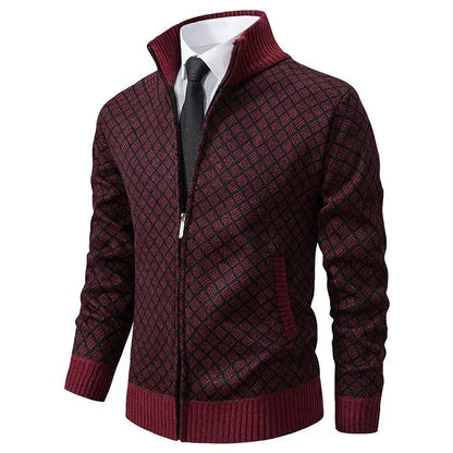 Cardigan Homme Tricot Jacquard Losangé Zippé Col Montant