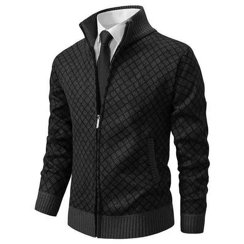 Cardigan Homme Tricot Jacquard Losangé Zippé Col Montant