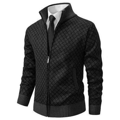 Cardigan Homme Tricot Jacquard Losangé Zippé Col Montant