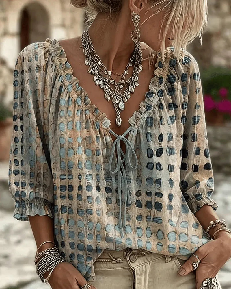 Blouse Femme Coton Col V Noué Style Bohème