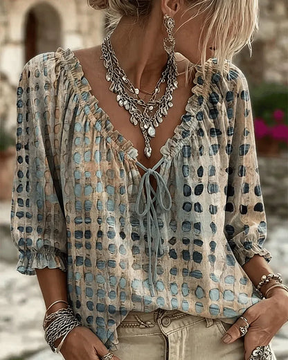 Blouse Femme Coton Col V Noué Style Bohème