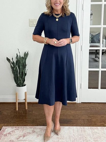 Robe Midi Femme Coupe Évasée Col Rond Manches Courtes