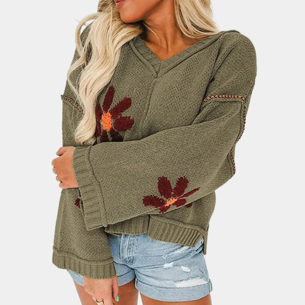 HONORIA - Pull Contemporain en Tricot à Fleurs pour Femmes