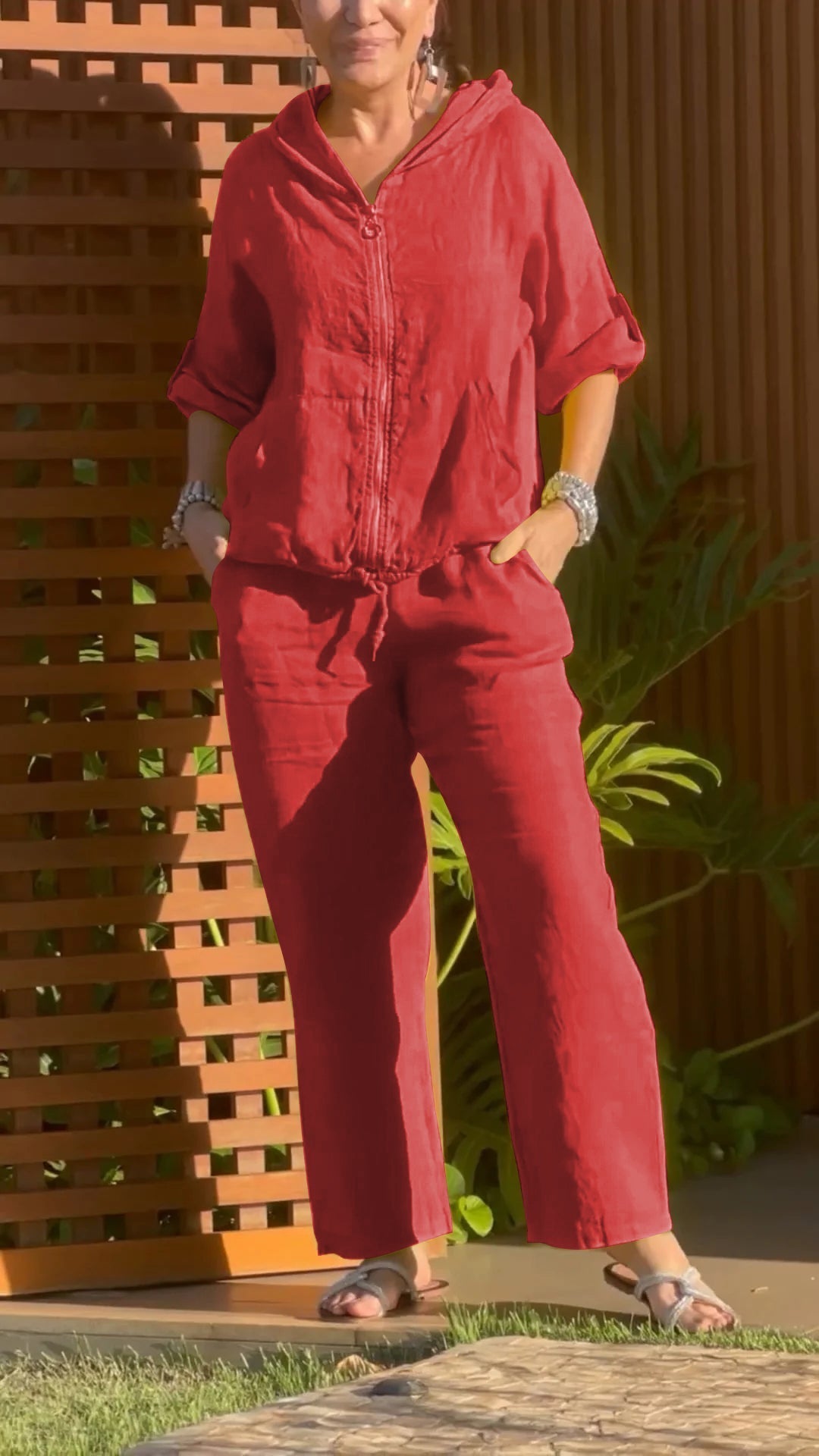 Ensemble Femme Coton Lin Capuche Zippée Coupe Ample