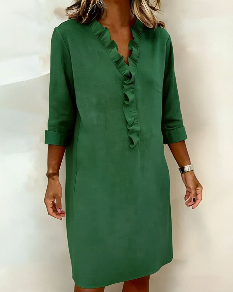 Robe Femme Col en V Volants Coupe Droite Décontractée