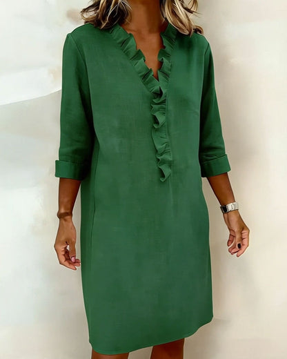 Robe Femme Col en V Volants Coupe Droite Décontractée