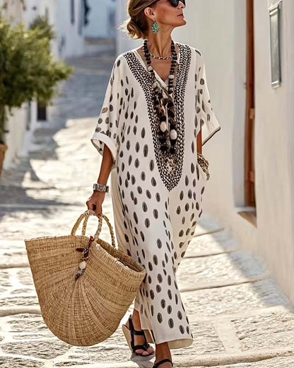 Robe Maxi Femme Fluide Pois Col V Broderie Ethnique - PanierRoyale