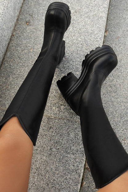 Bottines Plates Talon Plat Haut Noir Élégantes et Confortables