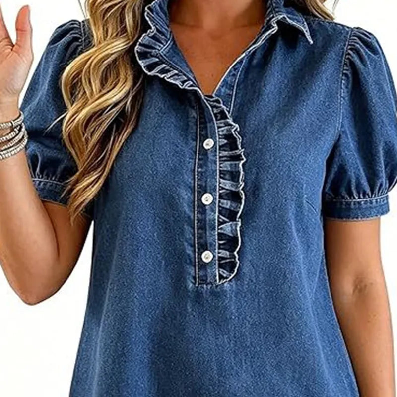 Haut Femme Denim Col Volanté Manches Bouffantes