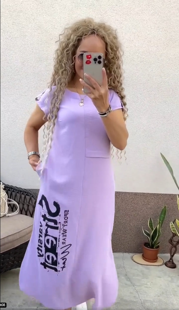 Robe Femme Coupe Ample Col Rond Imprimé Lettres Fente
