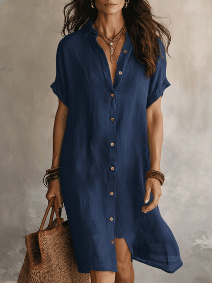 Robe Chemise Femme Lin Coton Boutonnée Coupe Midi