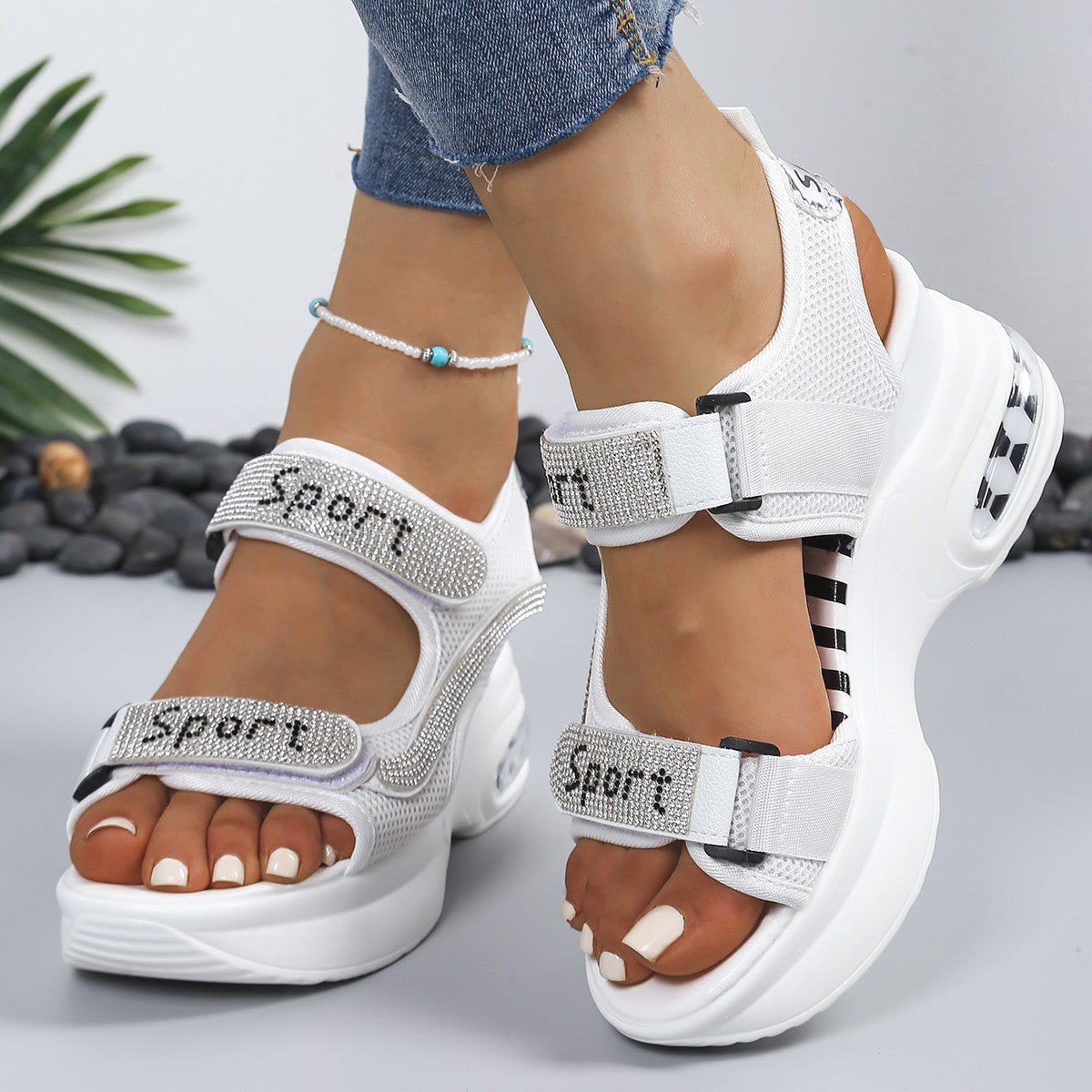 Sandales Femme Plateforme Strass Velcro Semelle Coussin Air