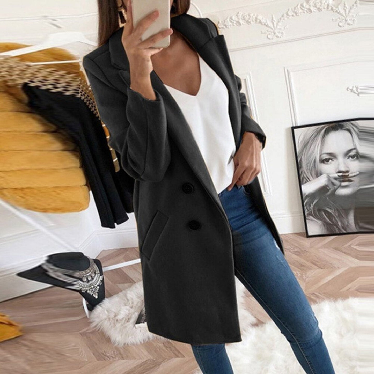 Manteau Femme Chic à Boutons Dorés