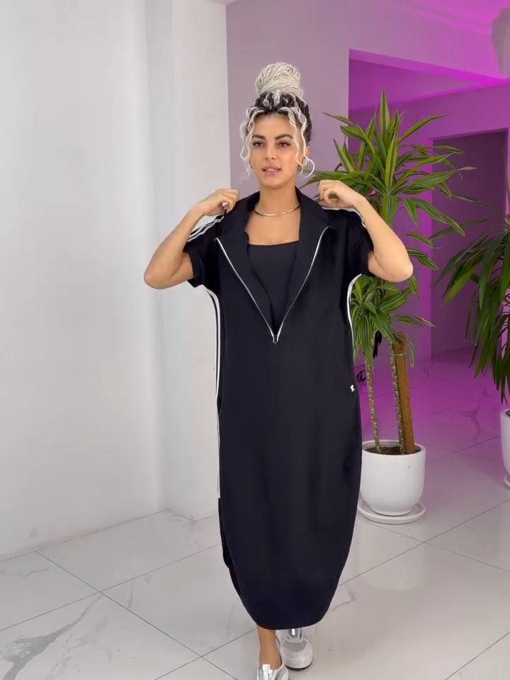 Robe Longue Femme Zippée Col Montant Coupe Fluide Sport Chic