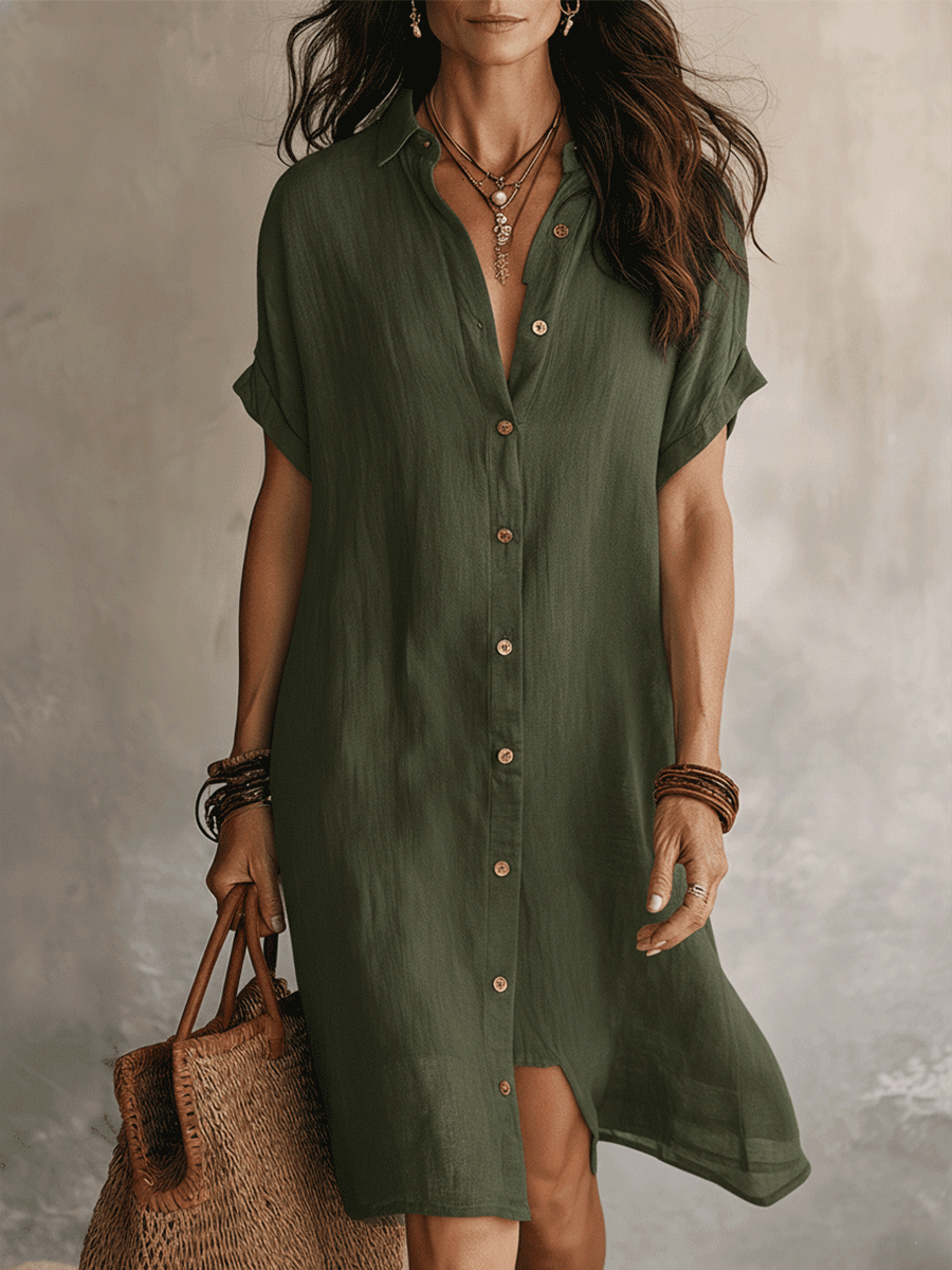 Robe Chemise Femme Lin Coton Boutonnée Coupe Midi