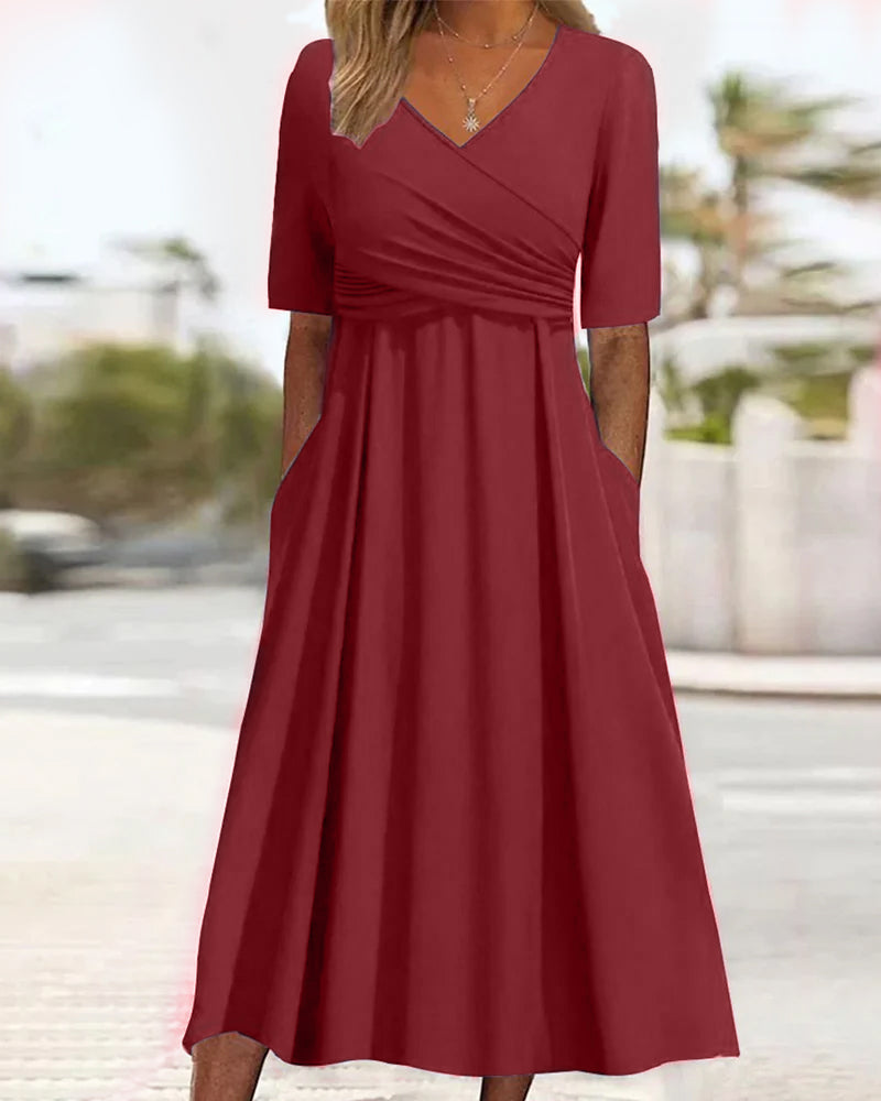 Robe Femme Midi Coton Confortable avec Poches et Col en V