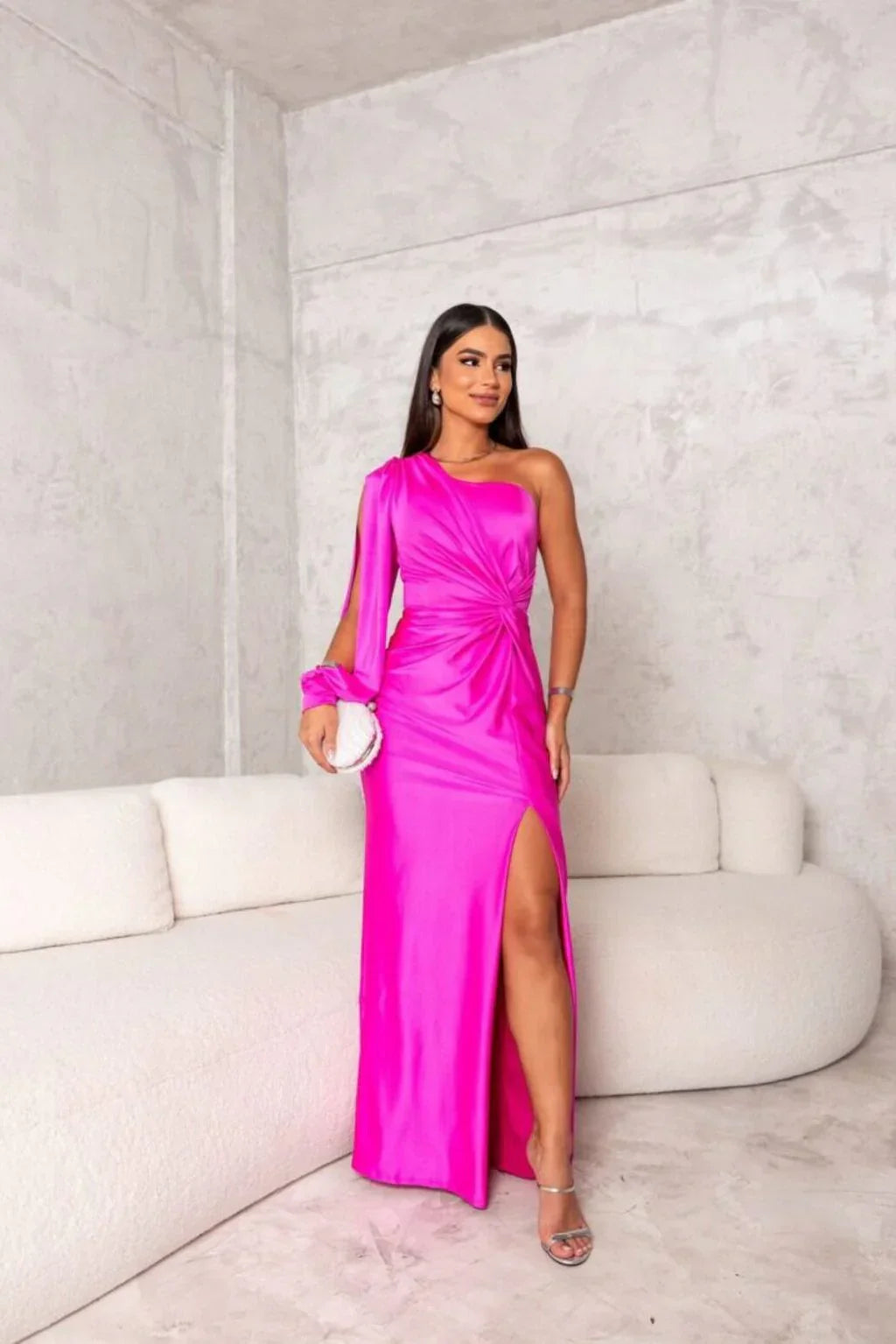 Robe Soirée Satin Asymétrique Épaule Découverte