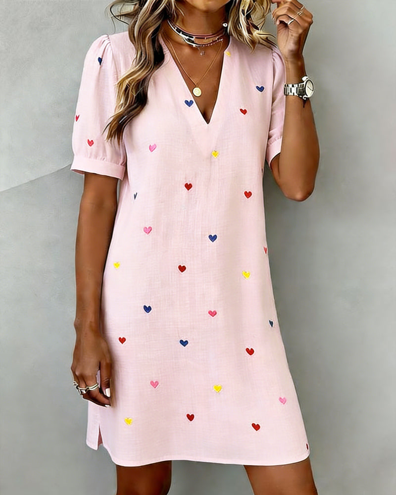Robe Courte Femme Coton Lin Manches Bouffantes Col V