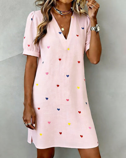 Robe Courte Femme Coton Lin Manches Bouffantes Col V