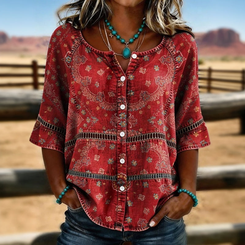Blouse Femme Coton Imprimé Ethnique Col V Boutons
