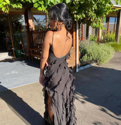 Robe du Soir Évasée avec Ruches et Bretelles Fines